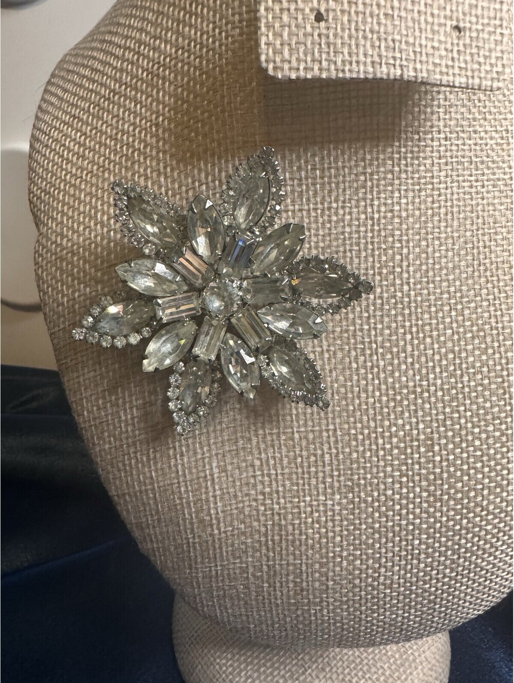 Vintage Rhinestone Starburst Brooch Large Clear Navette Baguette Mid Century